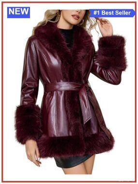 Women Faux Fur Leather Jacket Fur Lined Parka Belted Overcoat